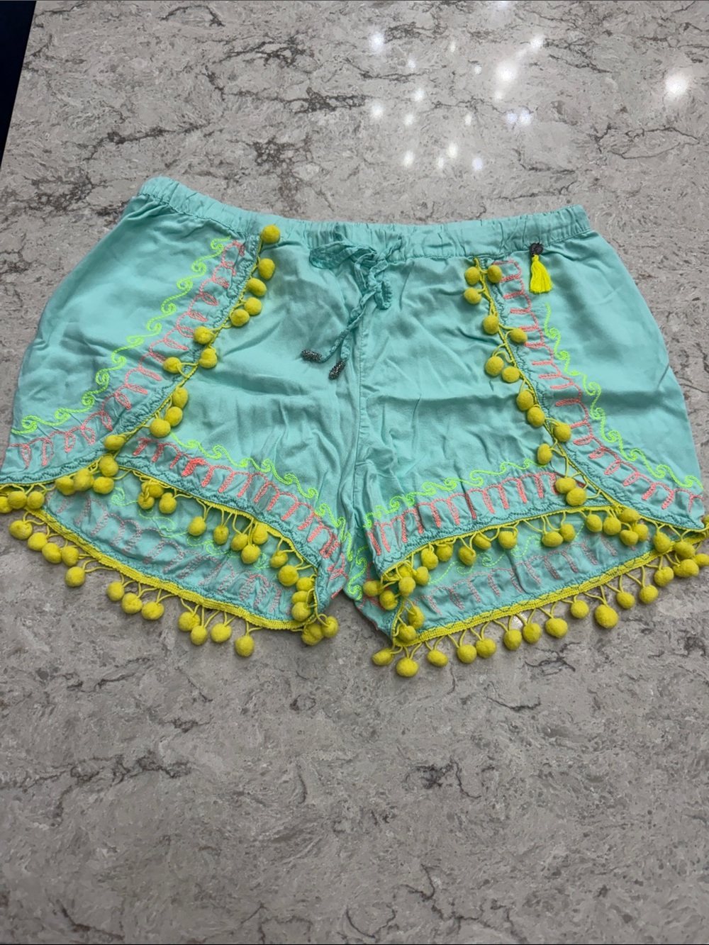 J & L Brand Women’s Aqua Pom-Pom Embroidered Shorts